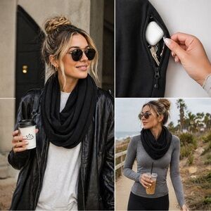 Beyond Yoga Black Infinity Scarf Hidden Zipper Pocket Athleisure OS